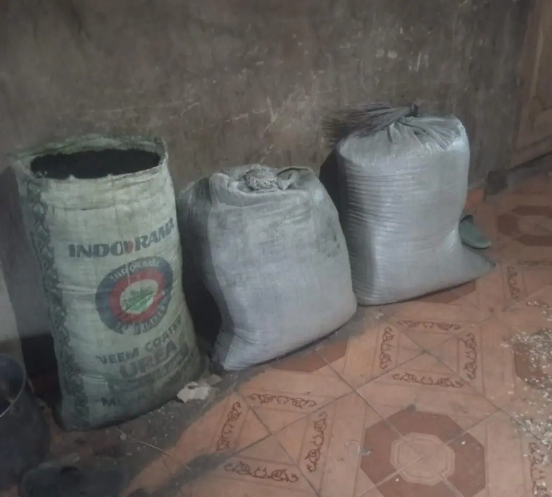 Sacks of finished biochar in storage before distribution